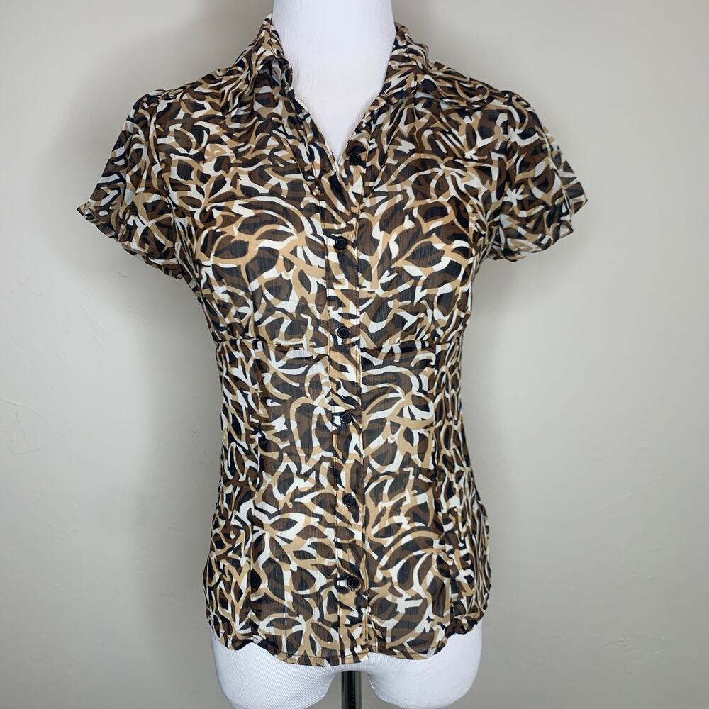 Vintage Sheer Blouse Brown Black Tan Fitted Small